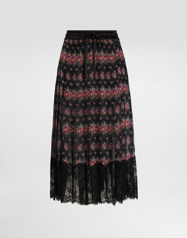 Small Flower Bouquets-print Pleated Chiffon Skirt