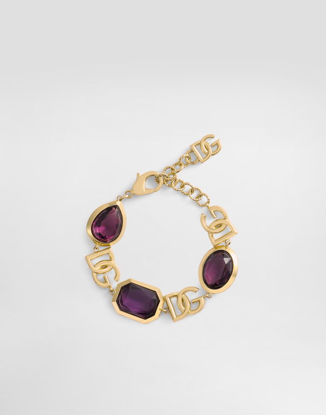 Dolce & Gabbana Gold Metal Logo Bracelet with Purple Crystals