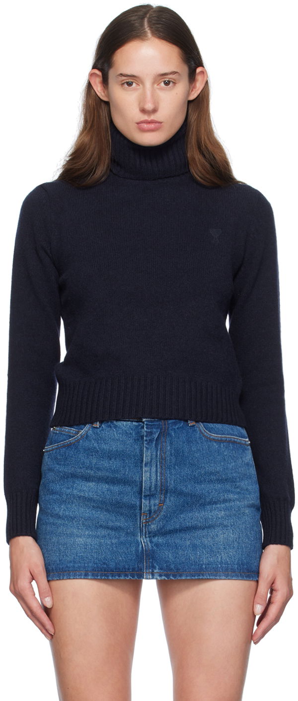 Пуловер AMI Paris Navy Cashmere de Cœur Turtleneck Черно | FKS457.005