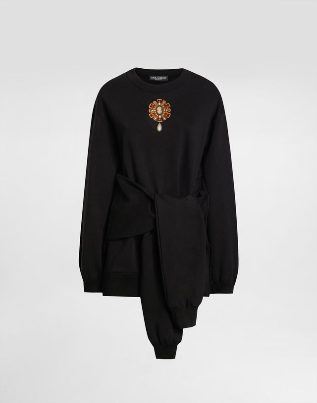Dolce & Gabbana Cotton Sweatshirt with Jeweled Brooch