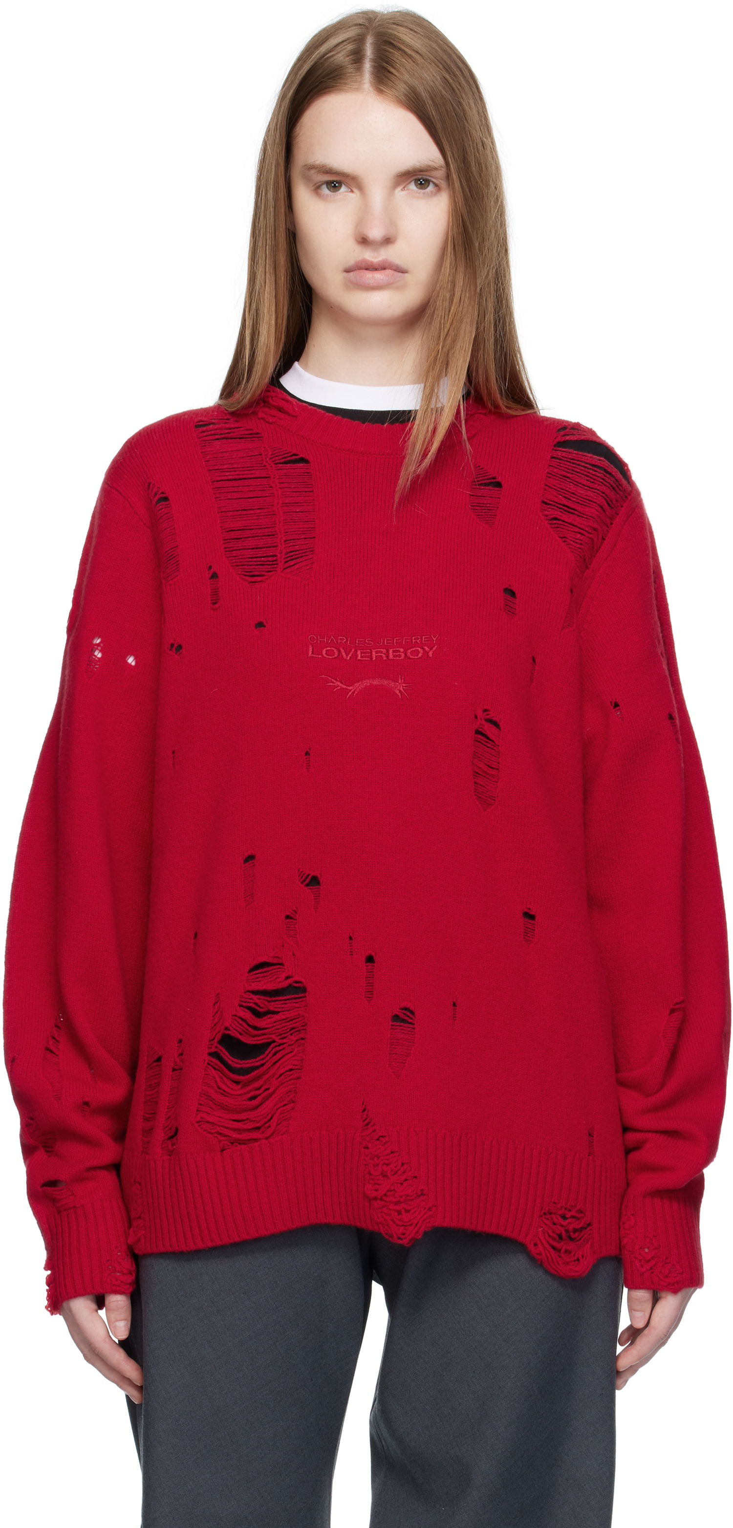 Пуловер Charles Jeffrey Loverboy Charles Jeffrey LOVERBOY Distressed Logo Sweater Червено | 52090102, 0