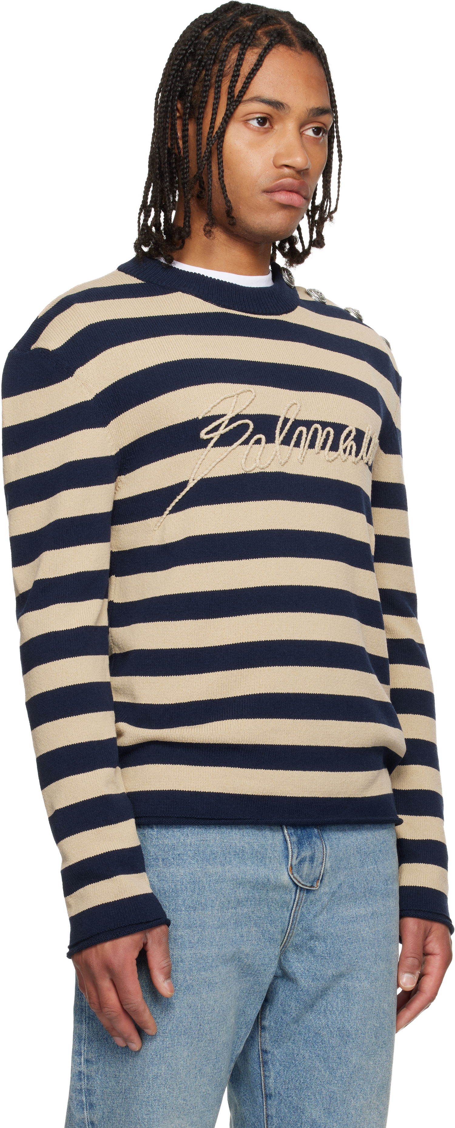 Пуловер Balmain Balmain 'Balmain' Logo Striped Button-Shoulder Sweater Многоцветен | FH1KD165KI82, 1