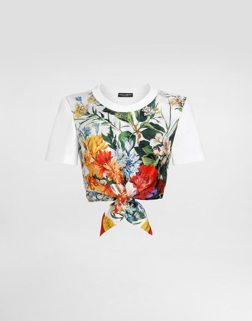 Съкратен топ Dolce & Gabbana Dolce & Gabbana Floral Tie-Front Crop T-Shirt Бяло | F8V75ZGDDCHW0800