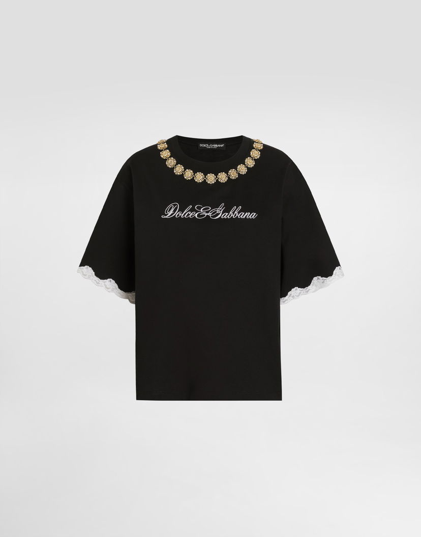 Тениска Dolce & Gabbana Dolce & Gabbana Jersey T-Shirt with Jewel Chain Embellishment Черно | F8V62ZGDC9UN0000