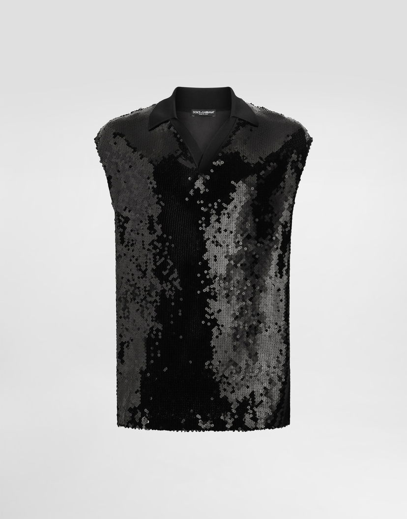 Поло тениска Dolce & Gabbana Dolce & Gabbana Men's Sequined Sleeveless Polo Черно | G8ST8TFLSEPN0000