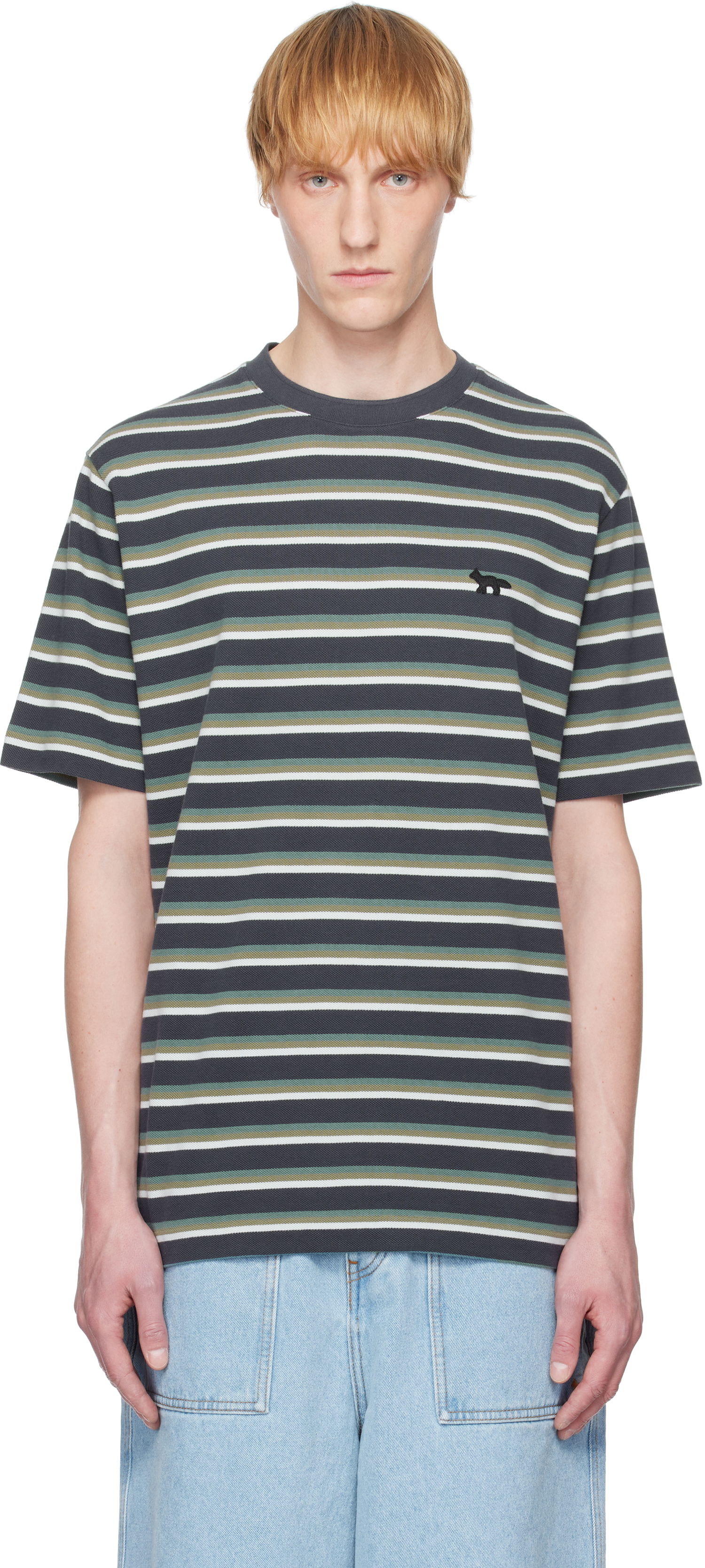 Тениска MAISON KITSUNÉ Kitsuné Profile Fox Patch Striped T-Shirt Сиво | OM00103KJ7010, 0