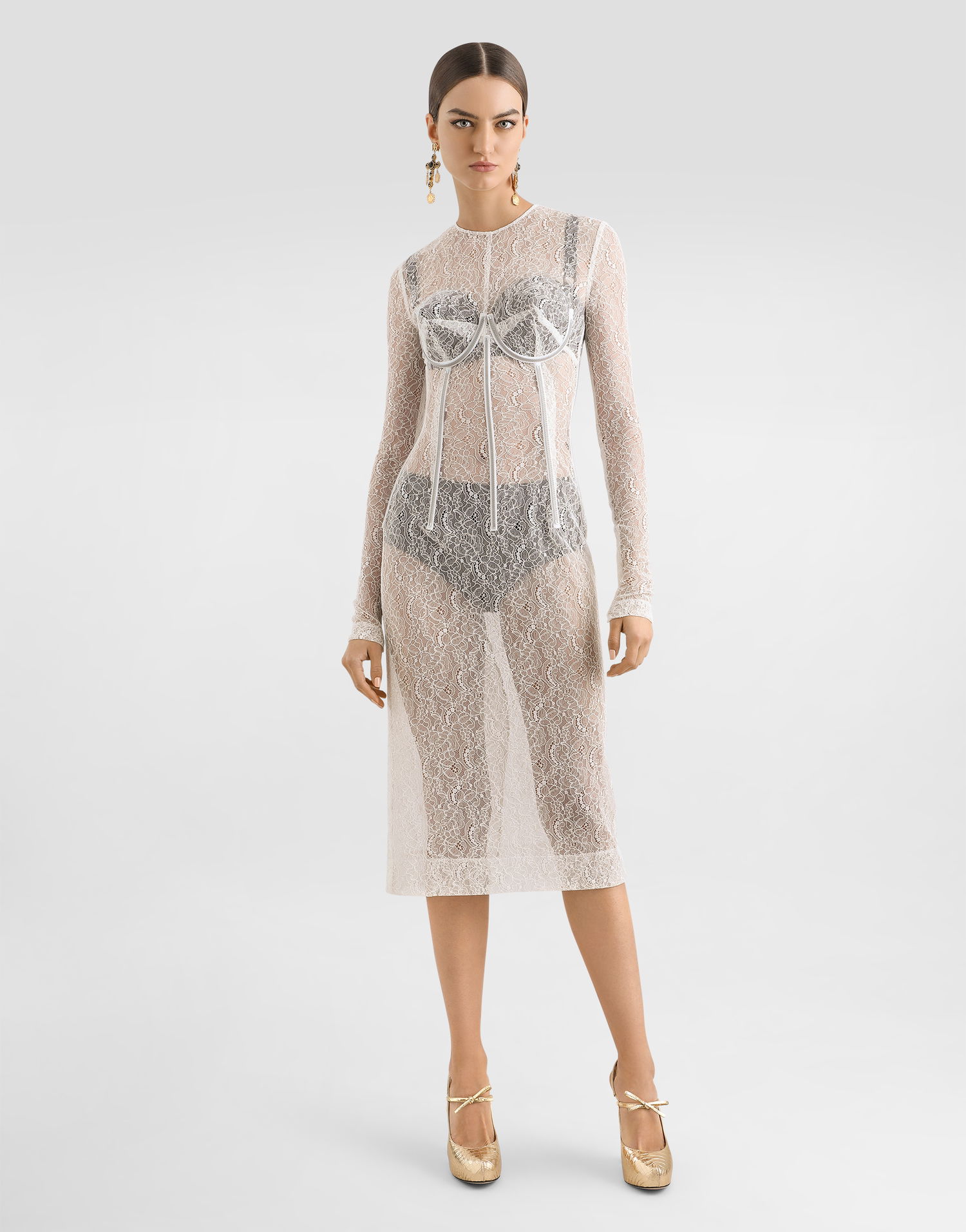Pокля Dolce & Gabbana Dolce & Gabbana Lace Calf-Length Dress with Corset Detailing Бяло | F6TSLTFLUCQW0001, 1