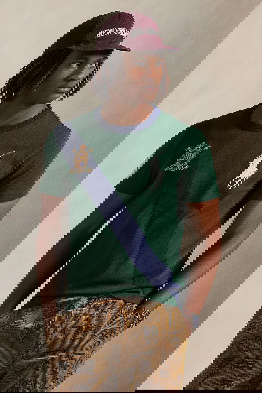 Тениска Polo by Ralph Lauren Polo Rider Diagonal Stripe Ringer T-Shirt with Embroidered Crest Зелено | 710P00092, 0