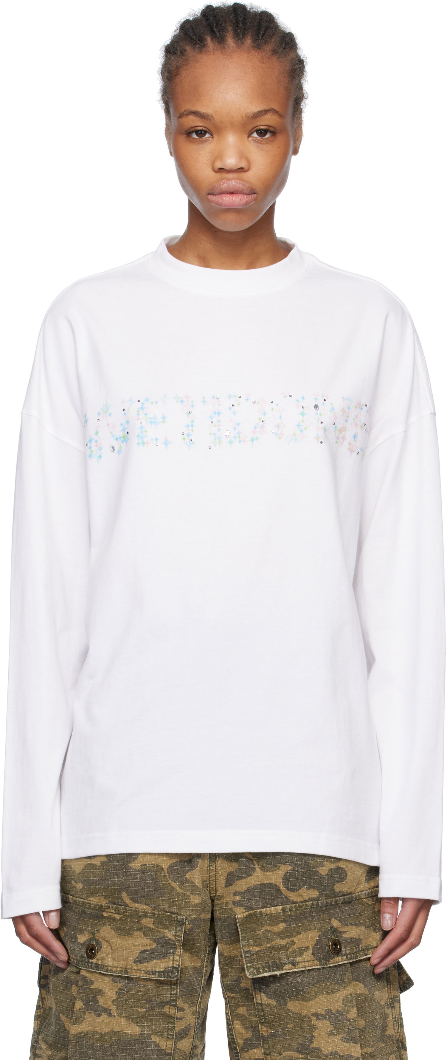 Тениска We11done We11done Sparkle Logo Long Sleeve T-Shirt Бяло | WD-TT0-25-742-U-WH, 0