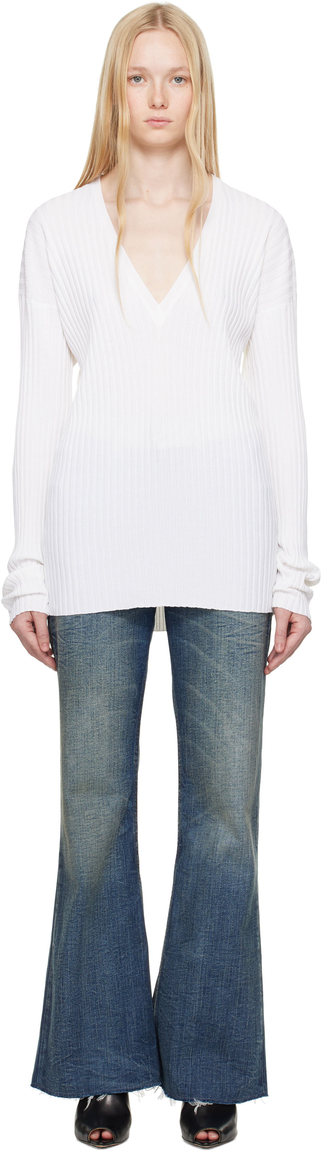 Пуловер Maison Margiela MM6 Maison Margiela Slouchy Ribbed V-Neck Sweater Бяло | S62DA0050 M13125, 0