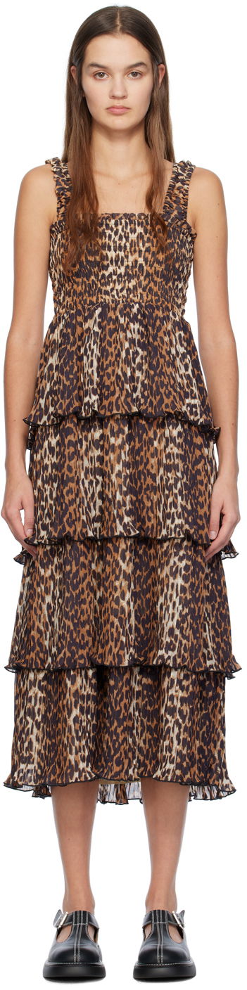 Pокля GANNI Ganni Printed Smocked Midi Dress Кафяво | F8861, 0