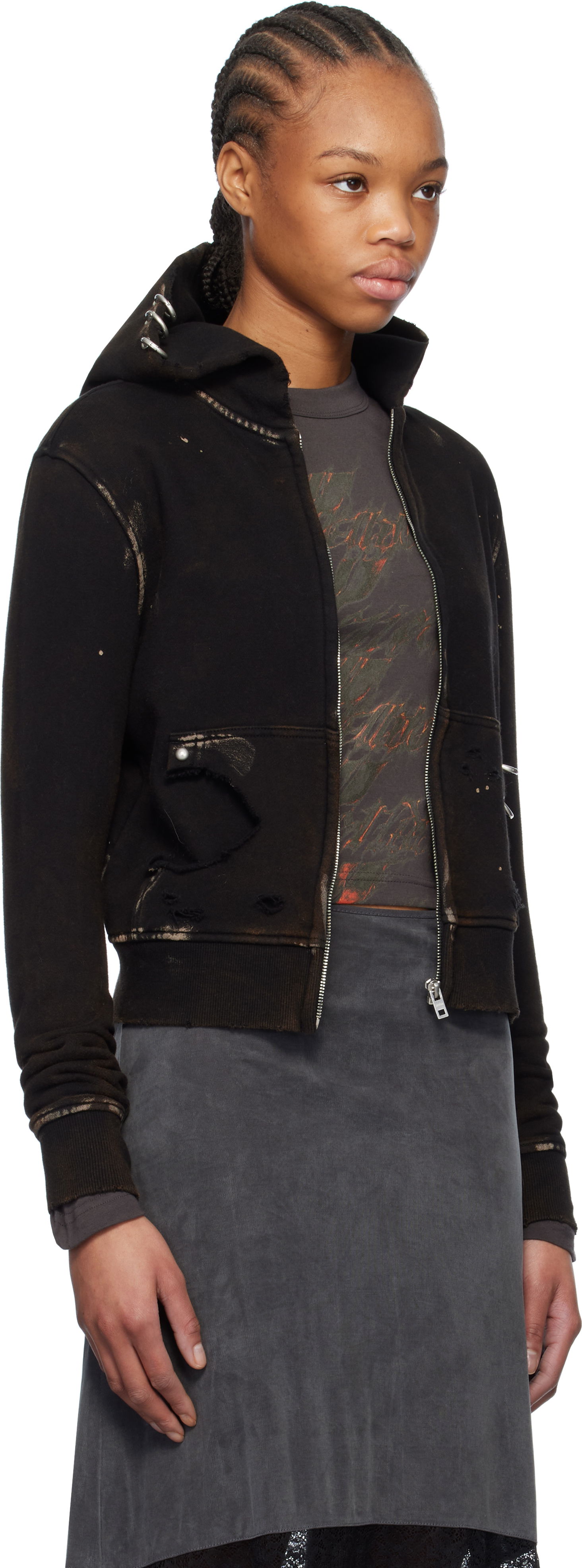 Суитчър We11done We11done Pierced Zip-Up Hoodie Черно | WD-TJ0-25-821-U-BK, 1