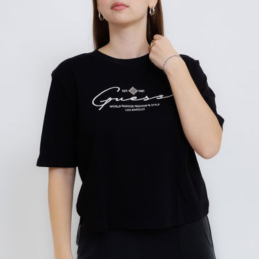Съкратен топ GUESS Guess Signature Boxy T-Shirt Черно | V5RI12I3Z14-JBLK, 2