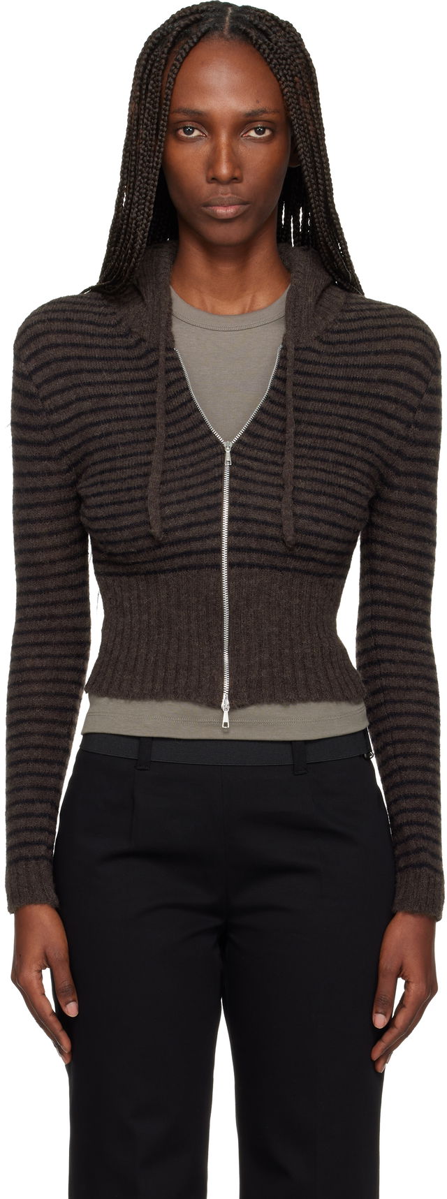 Striped Cropped Full-Zip Knit Hoodie