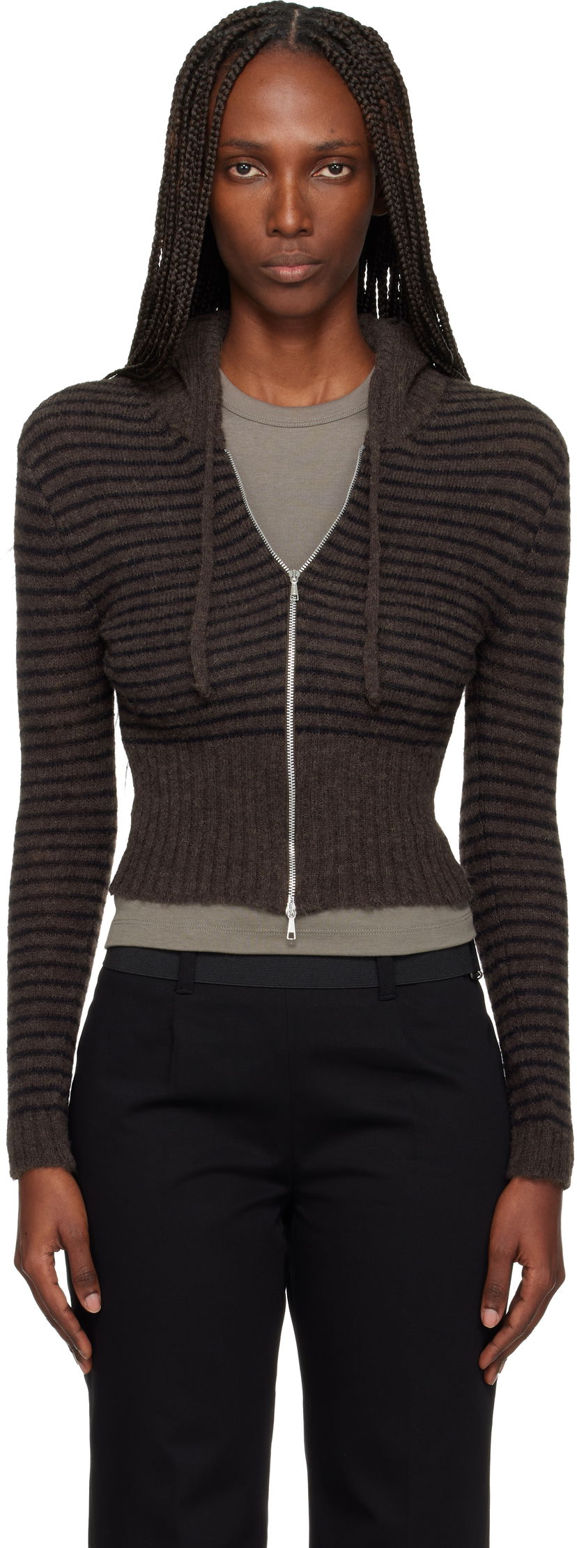 Суитчър OUR LEGACY Striped Cropped Full-Zip Knit Hoodie Кафяво | W4253CD