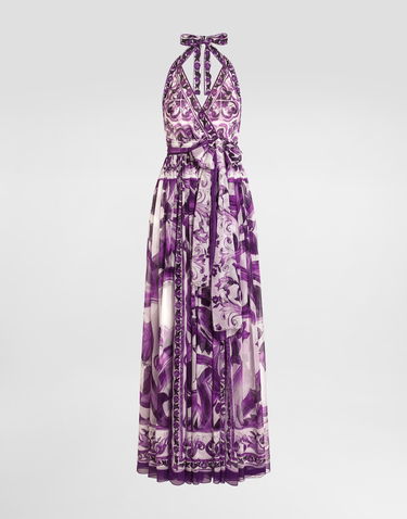 Pокля Dolce & Gabbana Dolce & Gabbana Majolica-Print Halter Neck Chiffon Dress Лилаво | F6TYTTHI1BXIP3TN, 0