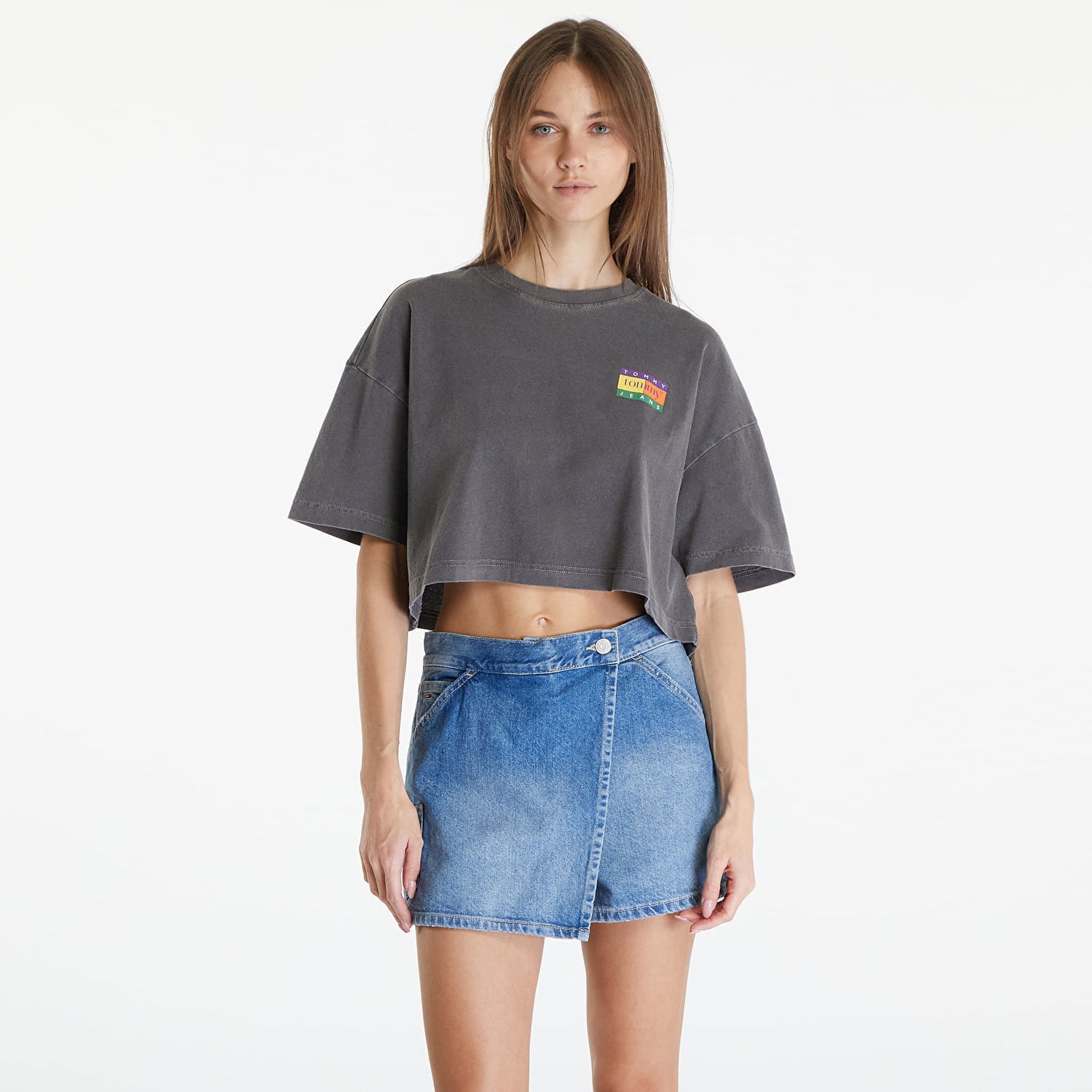 Съкратен топ Tommy Hilfiger Oversized Cropped Summer Flag Tee Black Сиво | DW0DW18141 BDS, 0