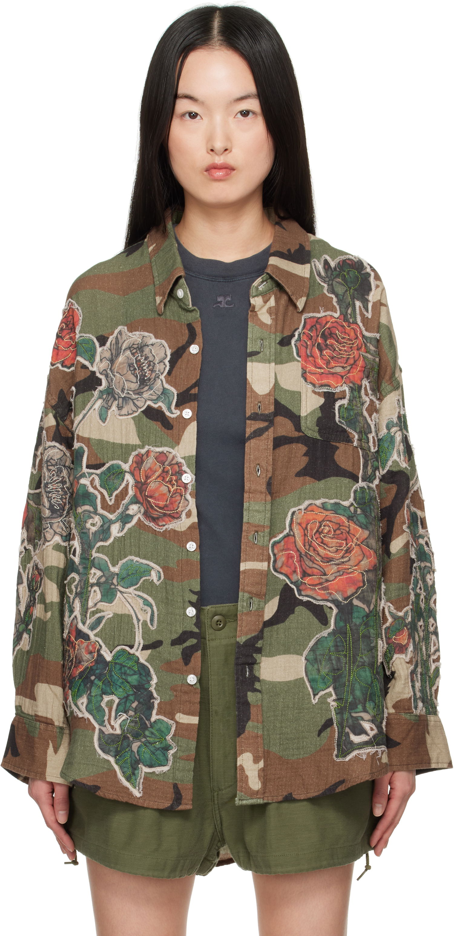 Риза R13 R13 Floral Appliqué Camo Shirt Зелено | R13WR004-R484B, 0