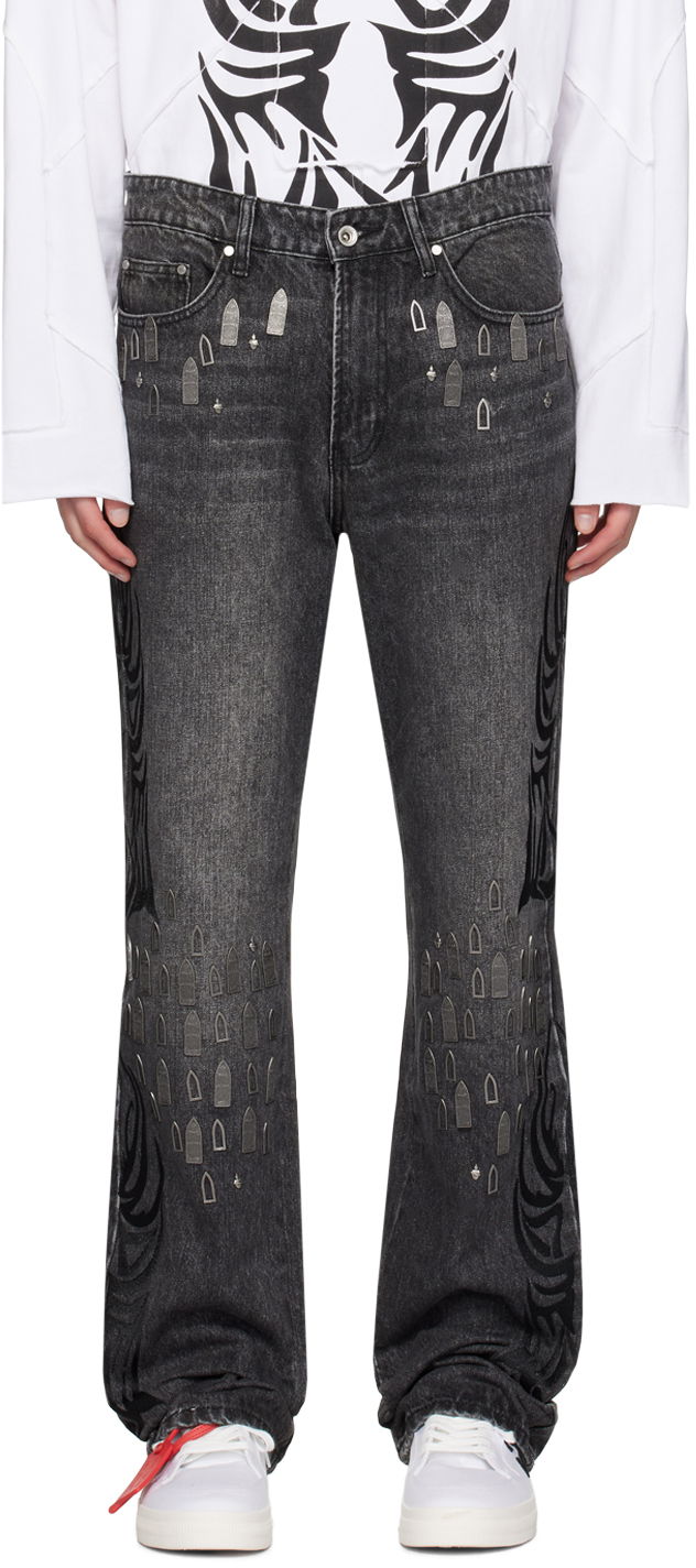 Дънки Who Decides War Distressed Flared Jeans with Centralized Hardware and Tribal Print Черно | 1120560002SS24
