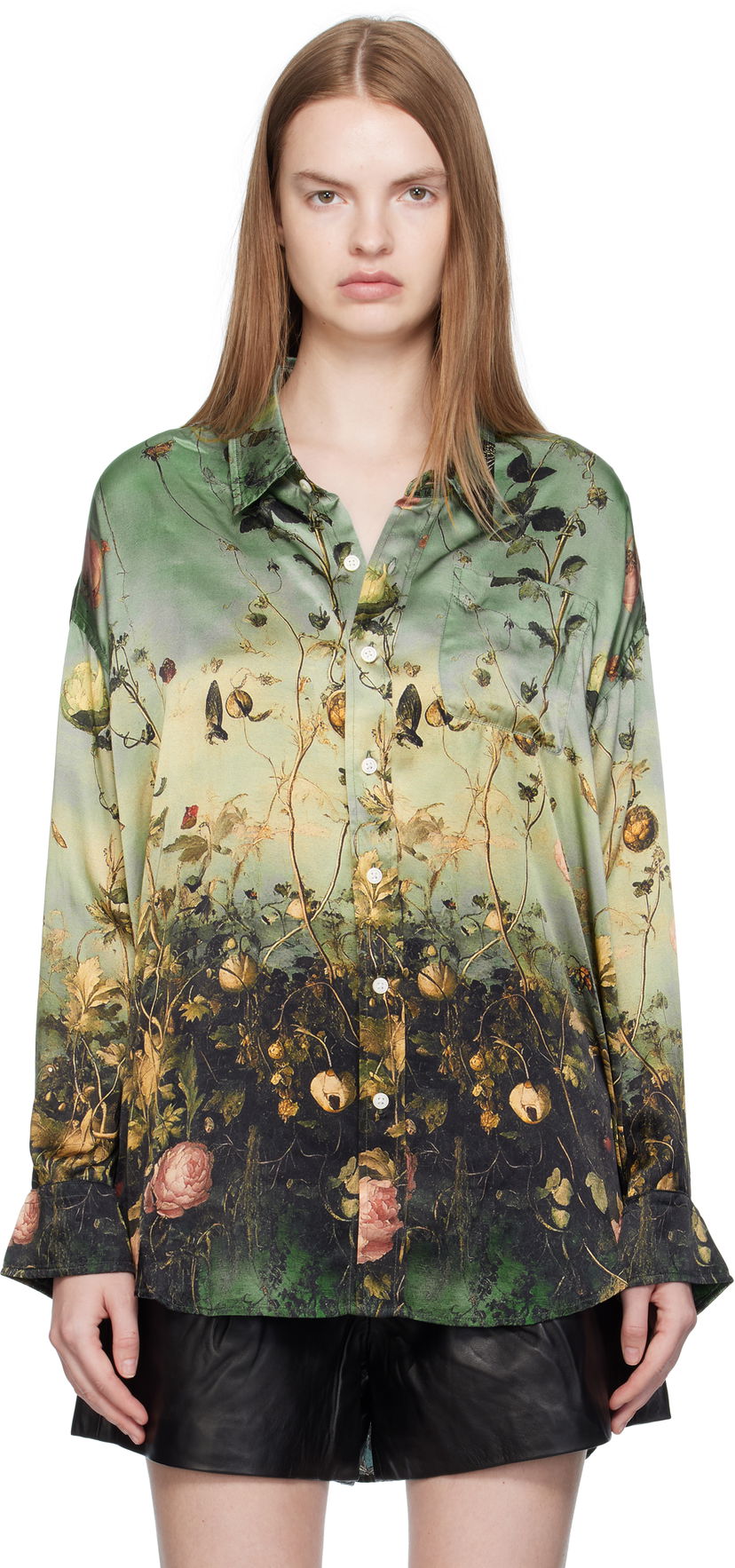 Риза R13 R13 Drop Neck Floral Print Shirt Зелено | R13WR004-R584A