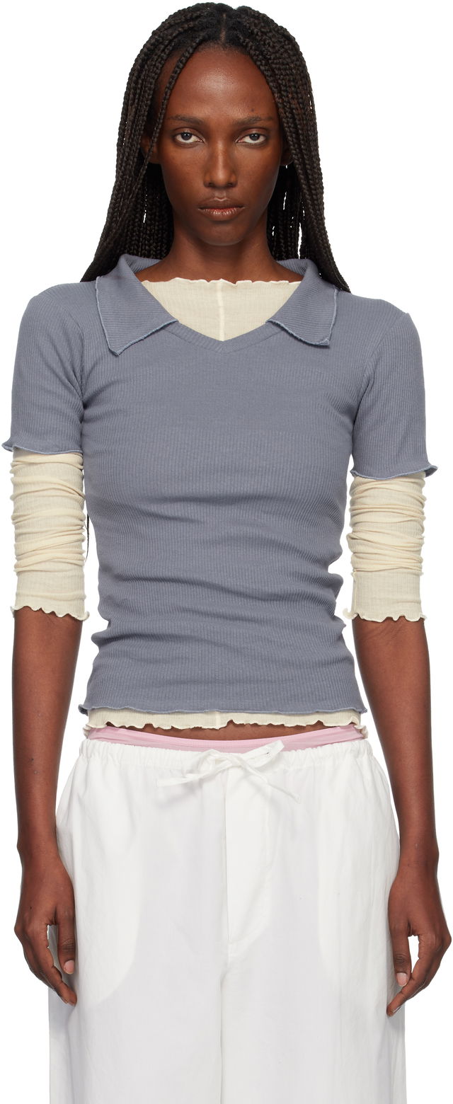 Ribbed Collared V-Neck Short-Sleeve Iso Polo