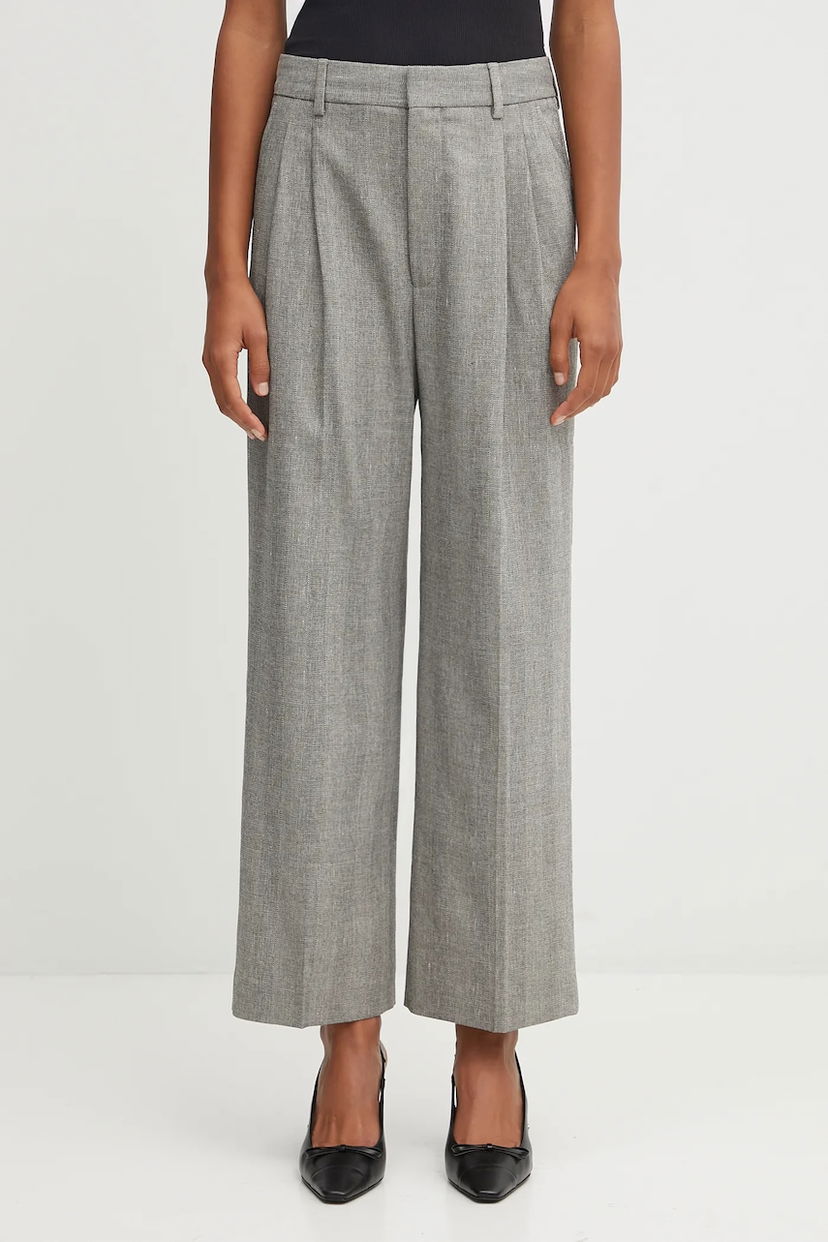 Панталони Anine Bing Anine Bing belen High Waist Linen Blend Pleated Wide-Leg Trousers Сиво | A.03.11218
