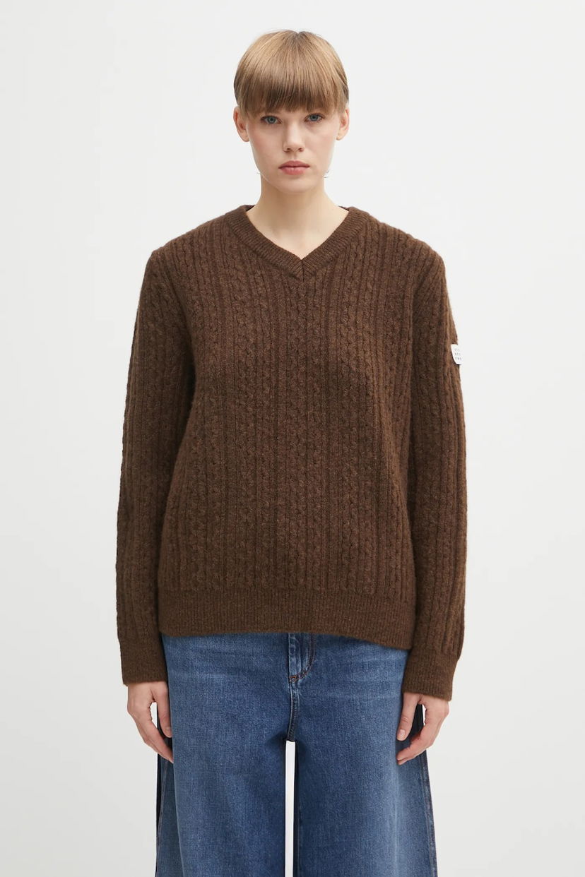 Пуловер Maison Margiela MM6 Maison Margiela V-Neck Cable-Knit Sweater Кафяво | S62HN0008.M13195.143