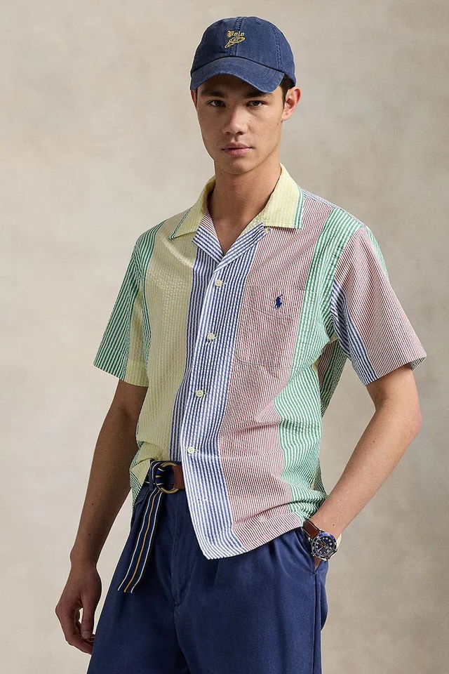 Seersucker Patchwork Stripe Camp Collar Sport Shirt Regular Fit
