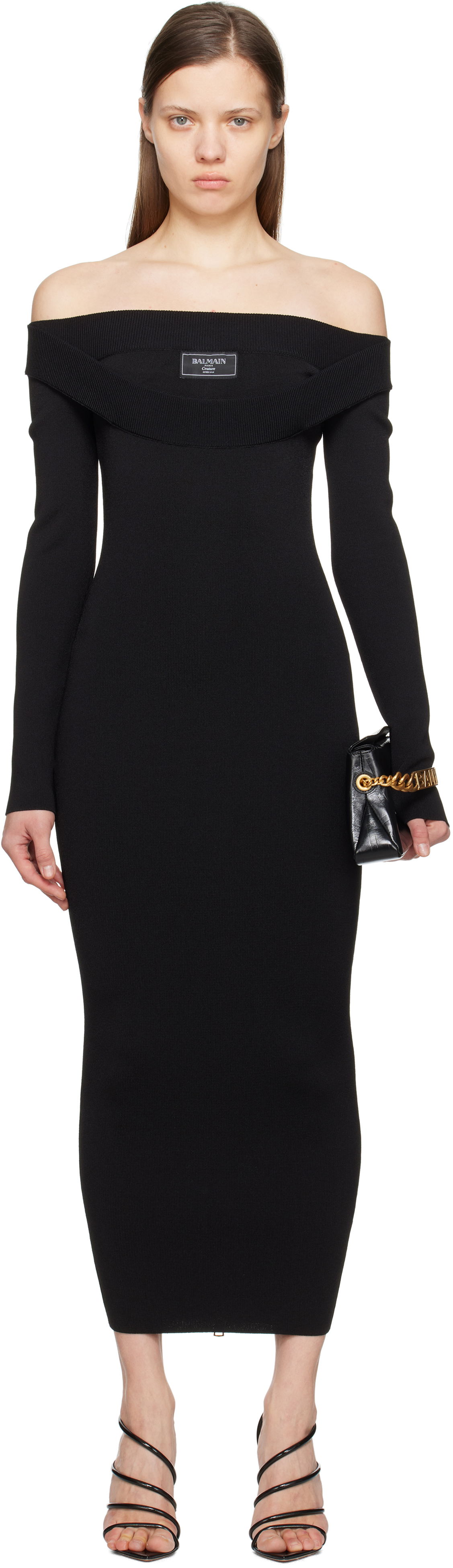 Pокля Balmain Balmain Plain Knit Off-The-Shoulder Maxi Dress Черно | EF1RL109KH82, 0