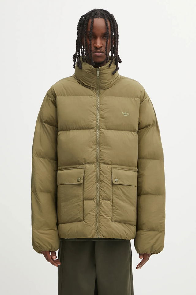 Relaxed Fit Puffer Jacket with High Collar and Flap Pockets