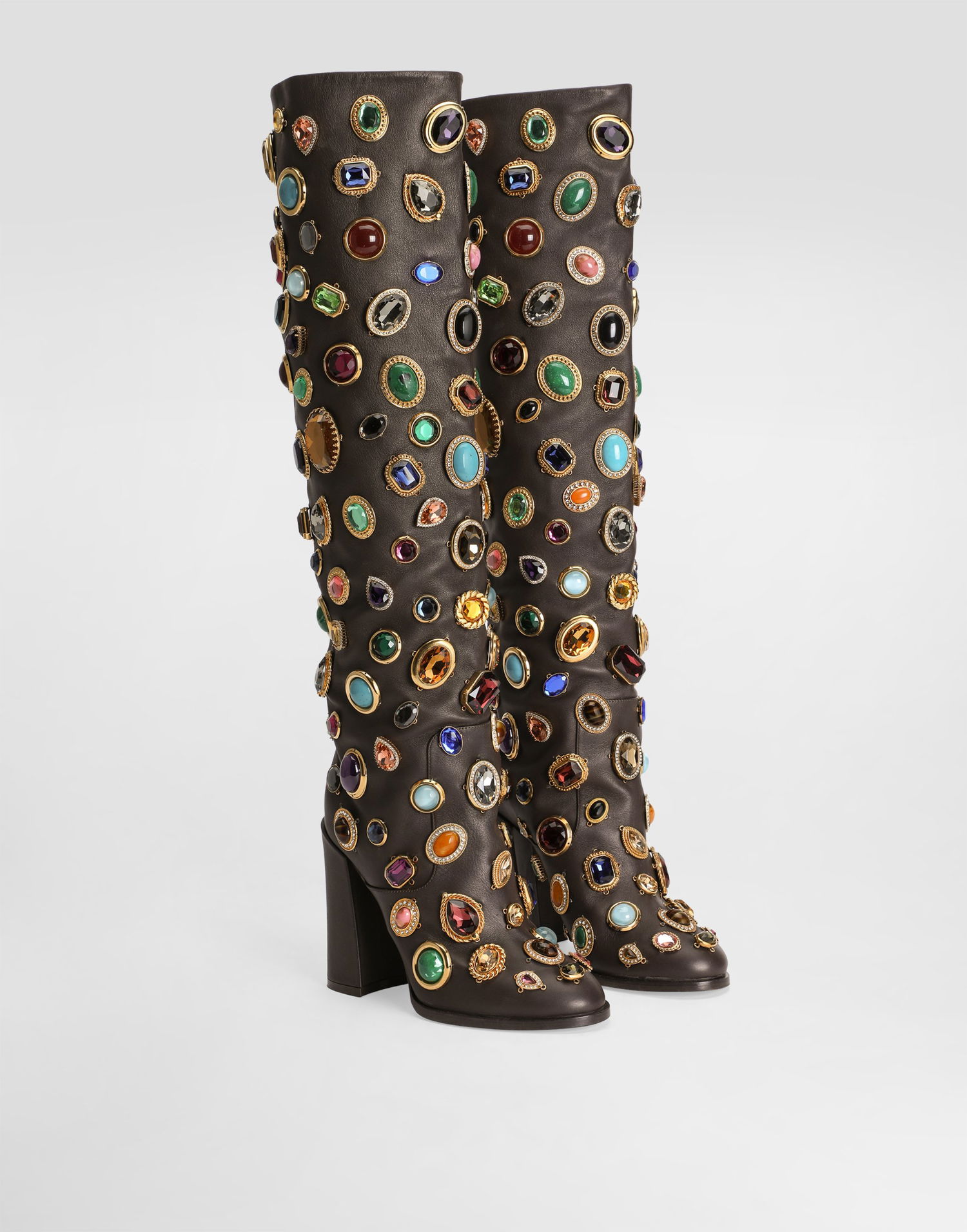 Аксесоари Dolce & Gabbana Dolce & Gabbana Calfskin Knee-High Boots with Jewels Кафяво | CU1225AP4558R205, 1