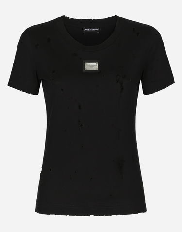 Тениска Dolce & Gabbana Jersey T-shirt With Rips And Tag Черно | F8T00TG7H4UN0000, 0