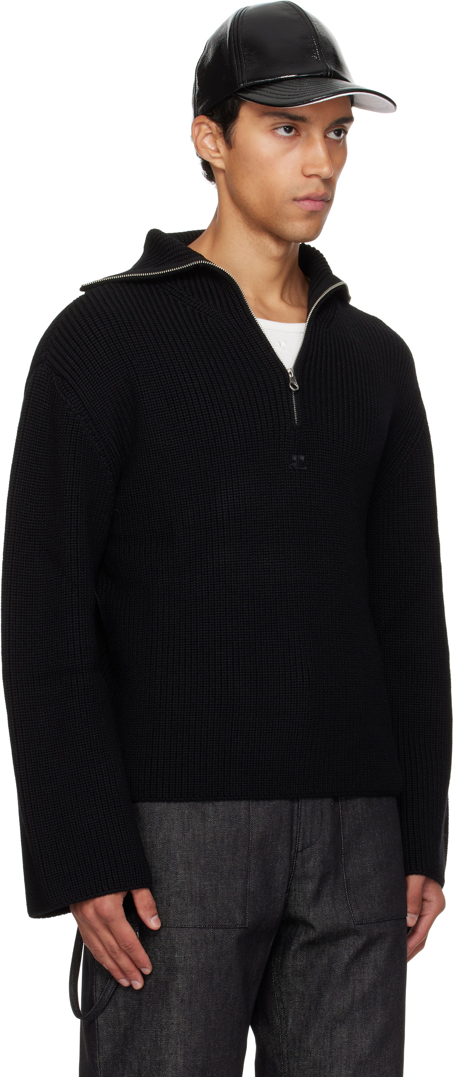 Пуловер Courrèges Courrèges Ribbed Wool Trucker Sweater Черно | 325MPU243FI0036, 1