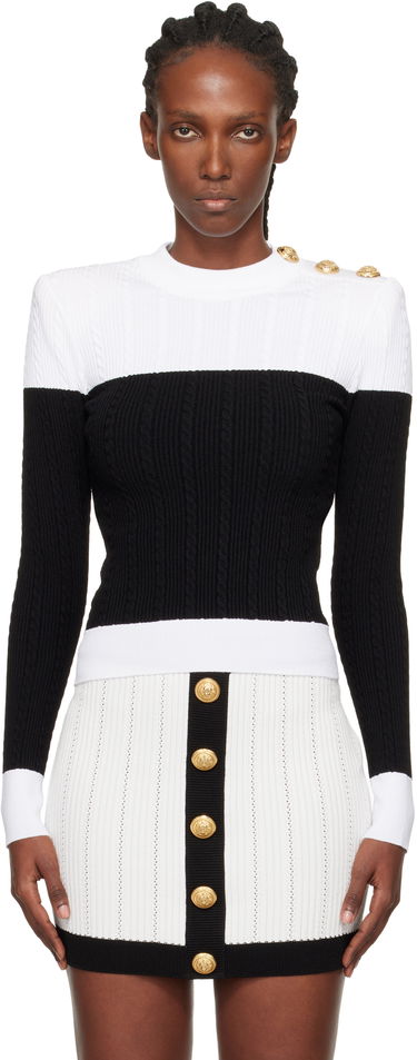 Пуловер Balmain Long-Sleeved Two-Tone Cable-Knit Sweater Черно | FF1KD002KI50, 0