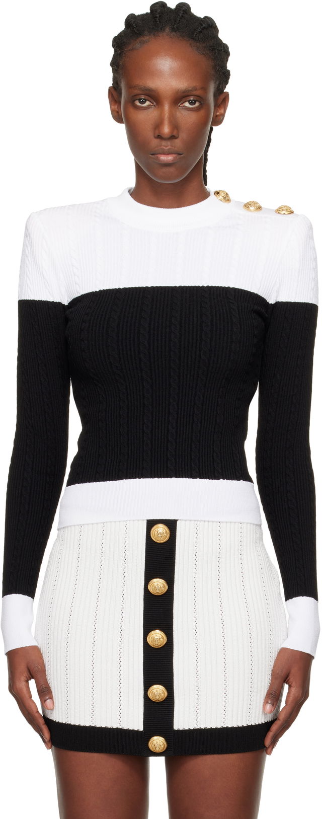 Long-Sleeved Two-Tone Cable-Knit Sweater