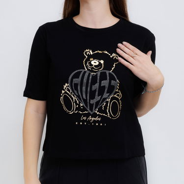 Съкратен топ GUESS Guess Rhinestone Bear Boxy T-Shirt Черно | V5RI09I3Z14-JBLK, 2