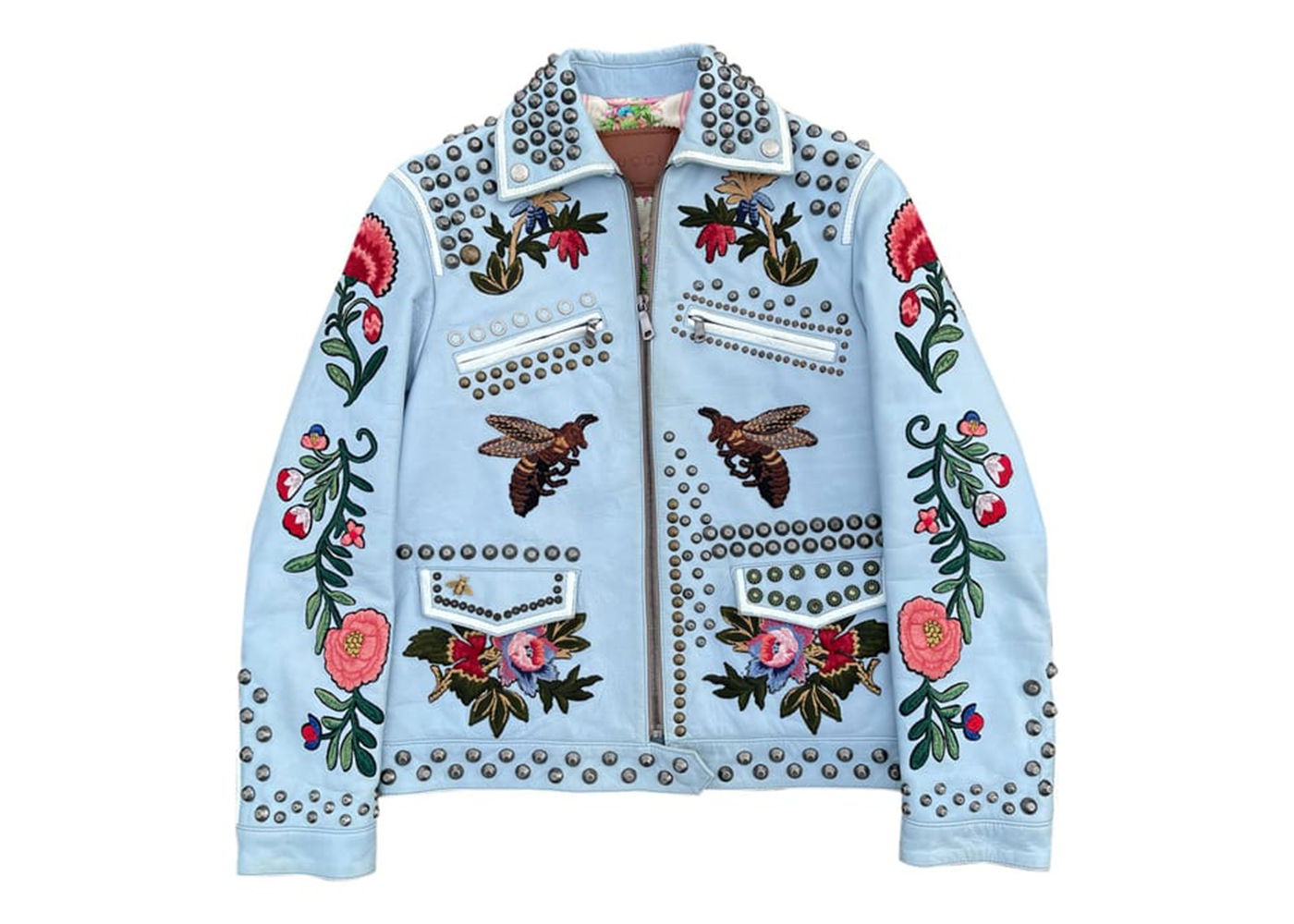 Яке Gucci Floral Embroidered Leather Jacket Синьо | 419638 XG170, 0