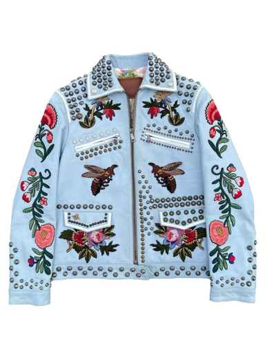 Яке Gucci Floral Embroidered Leather Jacket Синьо | 419638 XG170