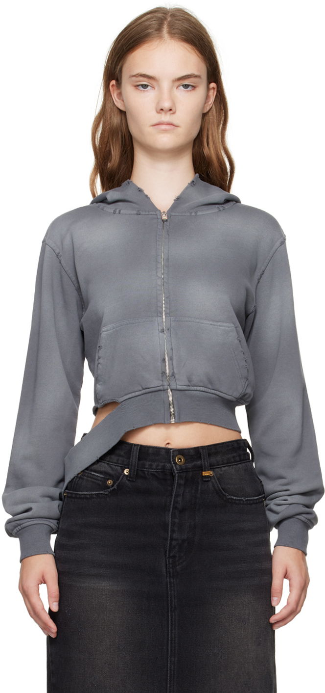 Суитчър We11done We11done Distressed Zip-Up Cropped Hoodie Сиво | WD-TJ2-24-808-W-CH, 0