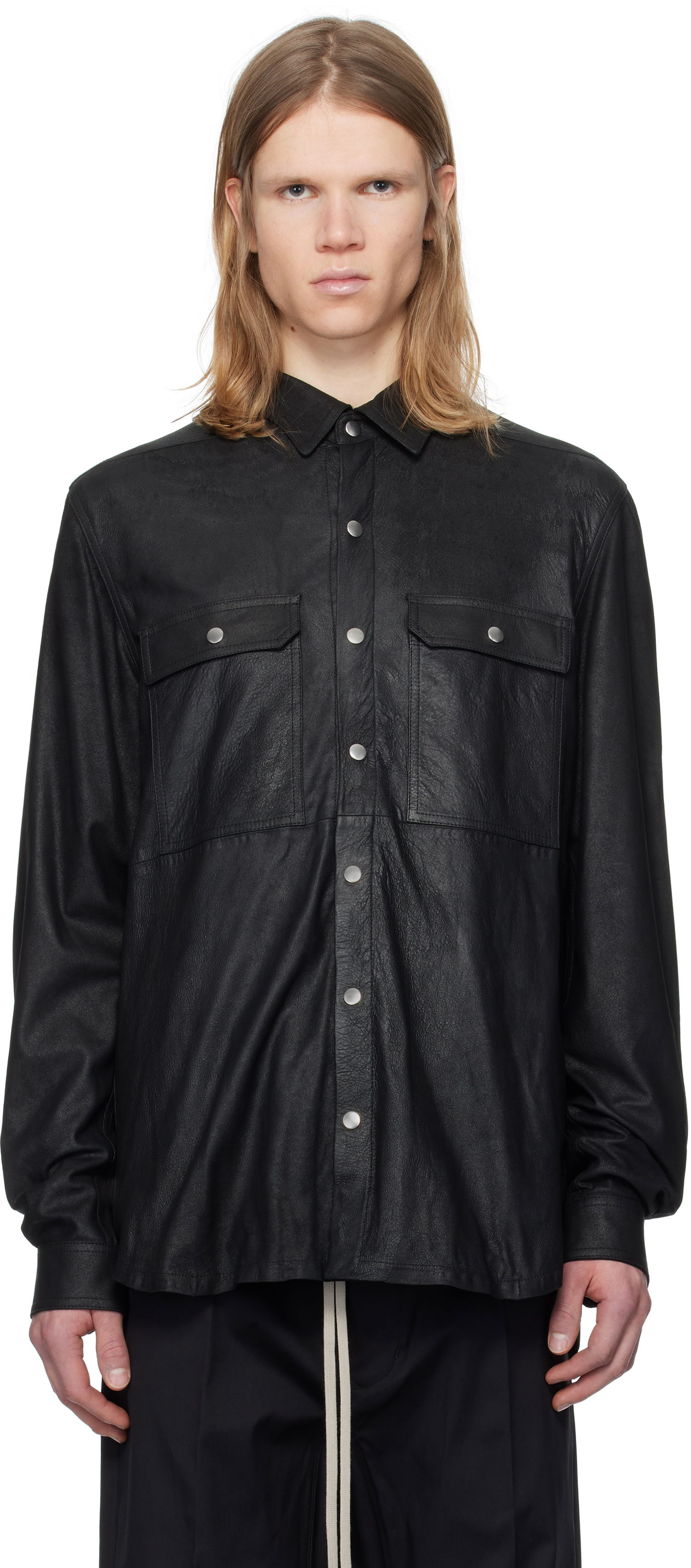 Риза Rick Owens Rick Owens Hollywood Megablister Lamb Leather Overshirt Черно | RU01E5729 LBA, 0