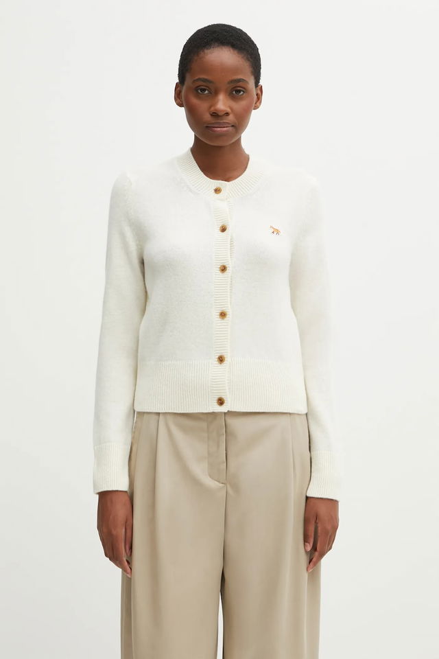 Fitted Lambswool Round-Neck Cardigan with Baby Fox Embroidery
