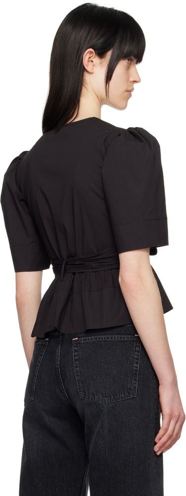 Съкратен топ GANNI Ganni Tie Strap Stretch Cotton Peplum Blouse Черно | W0378, 2