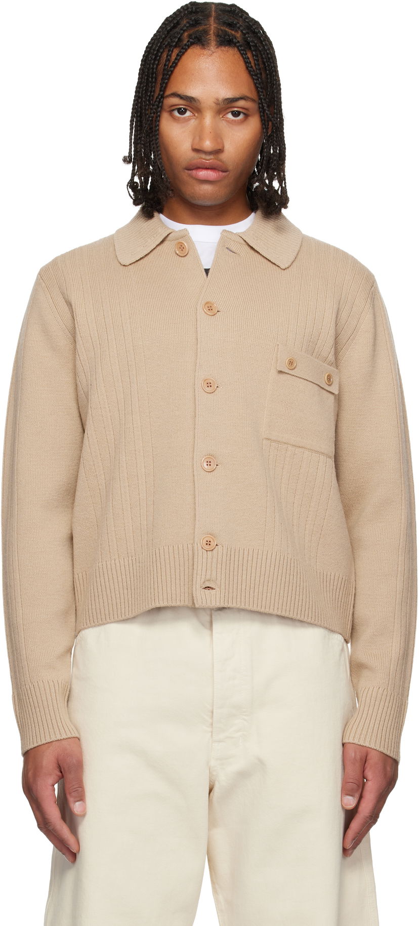 Пуловер Dries Van Noten Collared Rib Knit Wool Cardigan with Patch Pocket Бежово | 252-021215-2707
