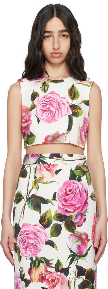 Съкратен топ Dolce & Gabbana Dolce&Gabbana Rose-Print Cotton Jacquard Crop Top Бяло | F7AO5T FSRQJ, 0