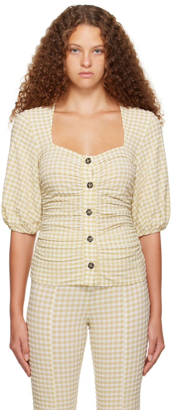 Риза GANNI GANNI Gingham Gathered Puff Sleeve Blouse Жълто | F7952, 0