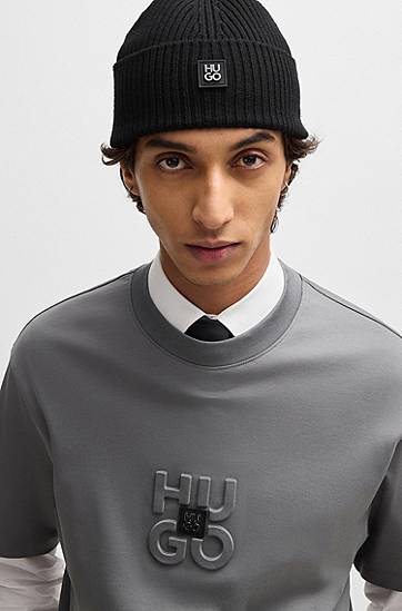 Шапка BOSS HUGO Virgin-Wool Beanie Hat with Stacked Logo Черно | 50527250, 1