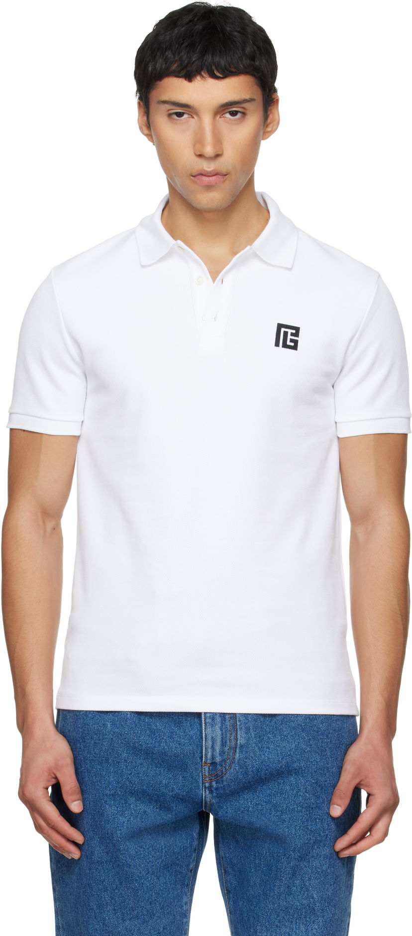Поло тениска Balmain Embroidered Cotton Polo Бяло | GH1GB085BC87