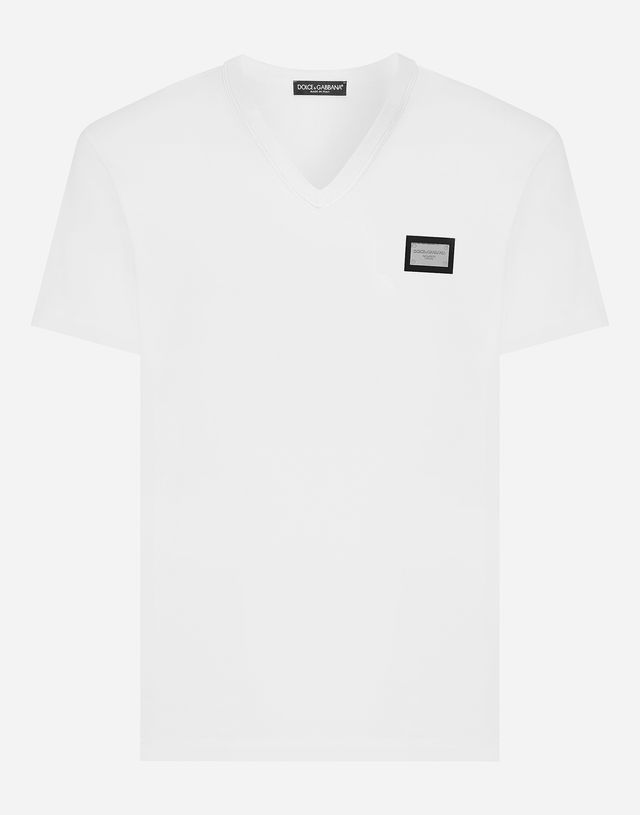 Cotton V-neck T-shirt With Branded Tag