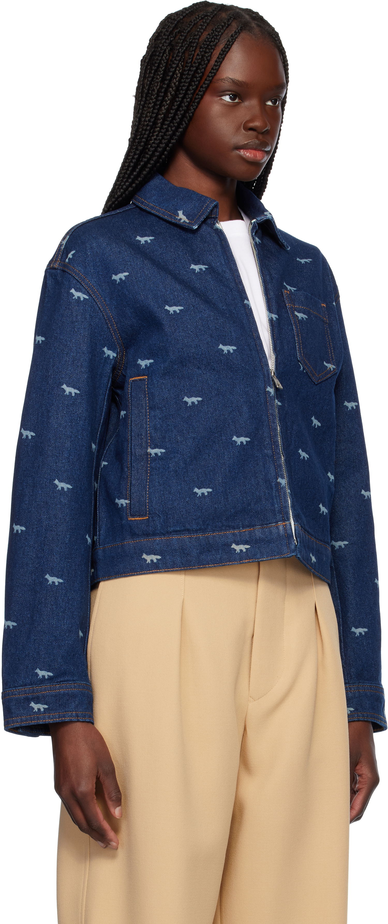 Яке бомбър MAISON KITSUNÉ Maison Kitsuné Zipped Cropped Denim Jacket Синьо | OW02104WD4014, 1