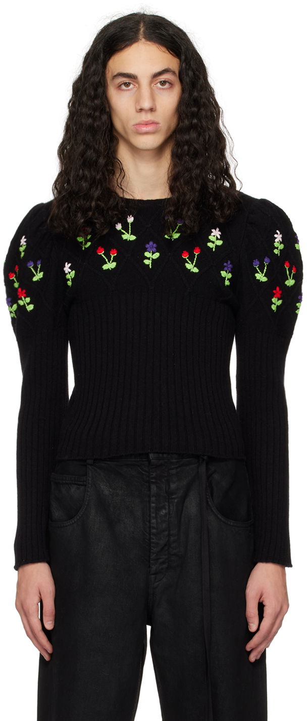Пуловер CORMIO Embroidered Puff Sleeve Sweater Черно | OMA CREWNECK SUPERFINE WOOL, 0